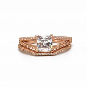 CZ Square Rose Plated Silver Ring Set  - Silver Ring