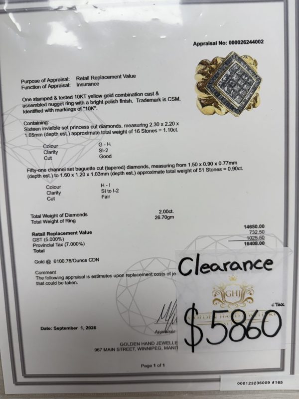 appraisal value for chunky 10k gold nugget ring with baguette diamonds and princess cut invisible set stones