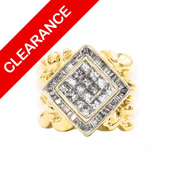 baguette-diamonds-clearance-mens-gold-ring-winnipeg men custom made 10k gold chunky ring with baguette and princess cut diamonds in an invisible setting