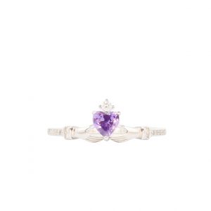 Cz Purple Heart Claddagh - Silver Ring
