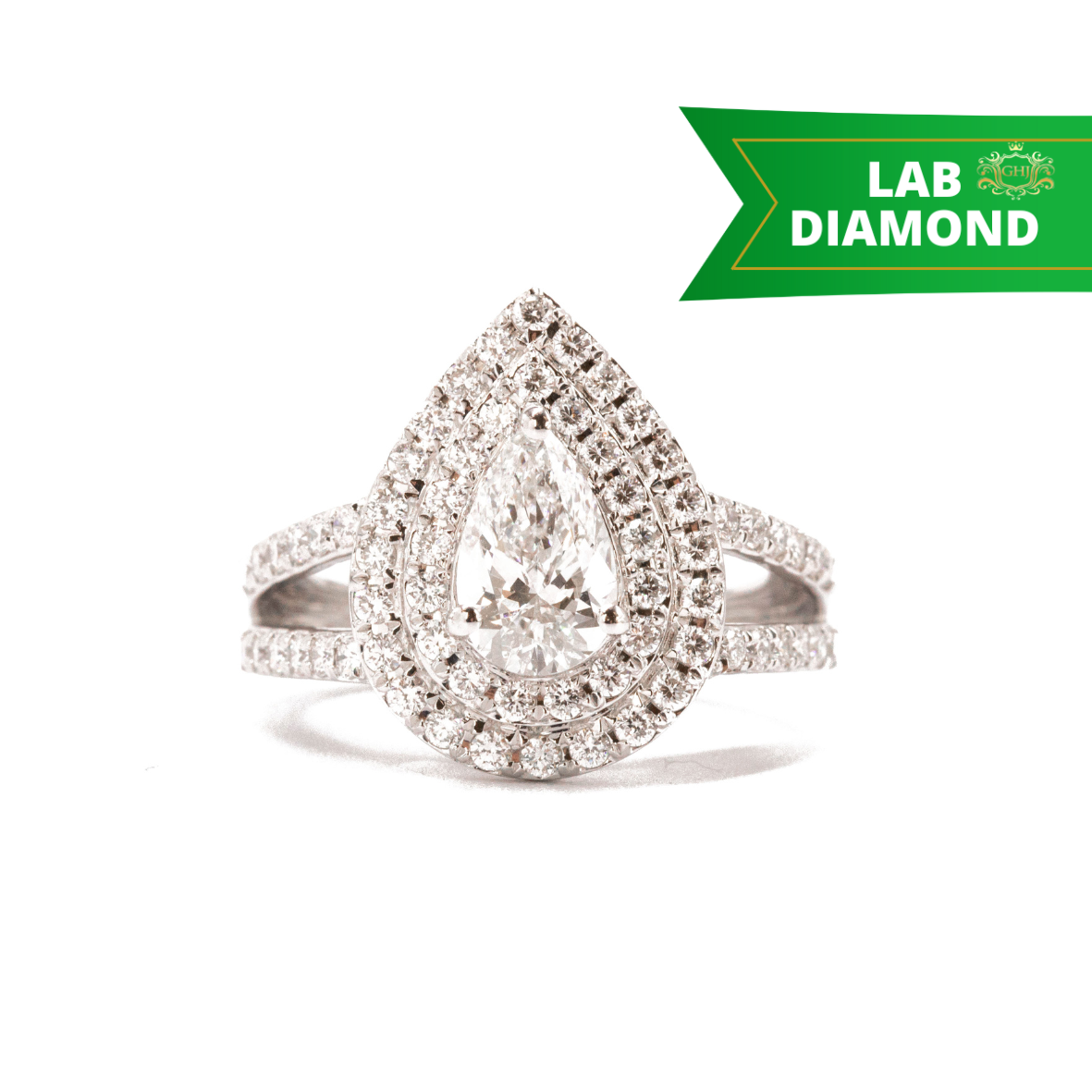 Double Halo Pear Lab Diamond 2.38ct Diamond Ring Golden Hand Jewellery