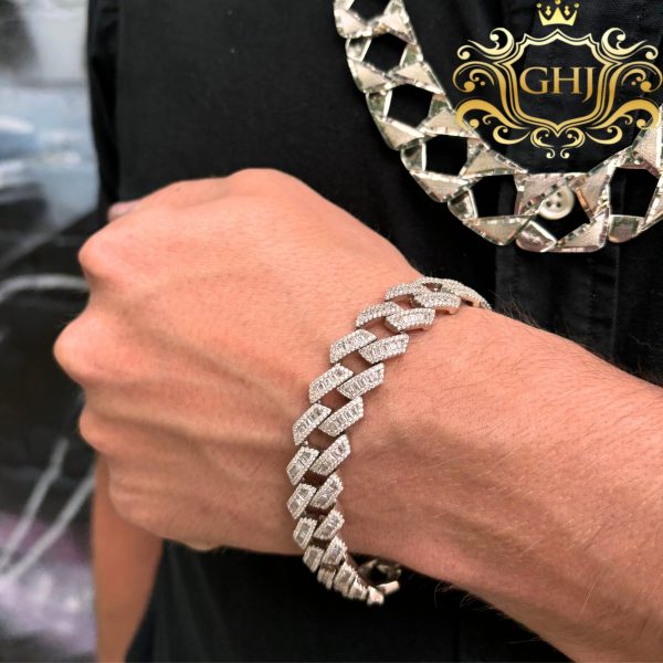 CZ Baguette Miami Cuban Bracelet 14.25mm 7.5 Silver Bracelet
